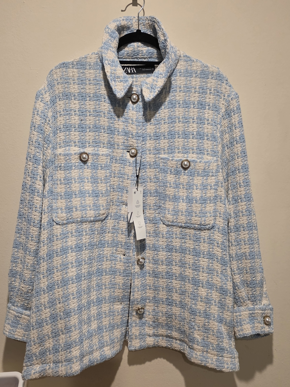 Zara Blue and Cream Tweed Button-Front Jacket Large L Pearl Buttons Boucle